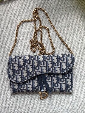 Dior | Small Saddle Pouch with Chain in Blue Dior Oblique Jacquard